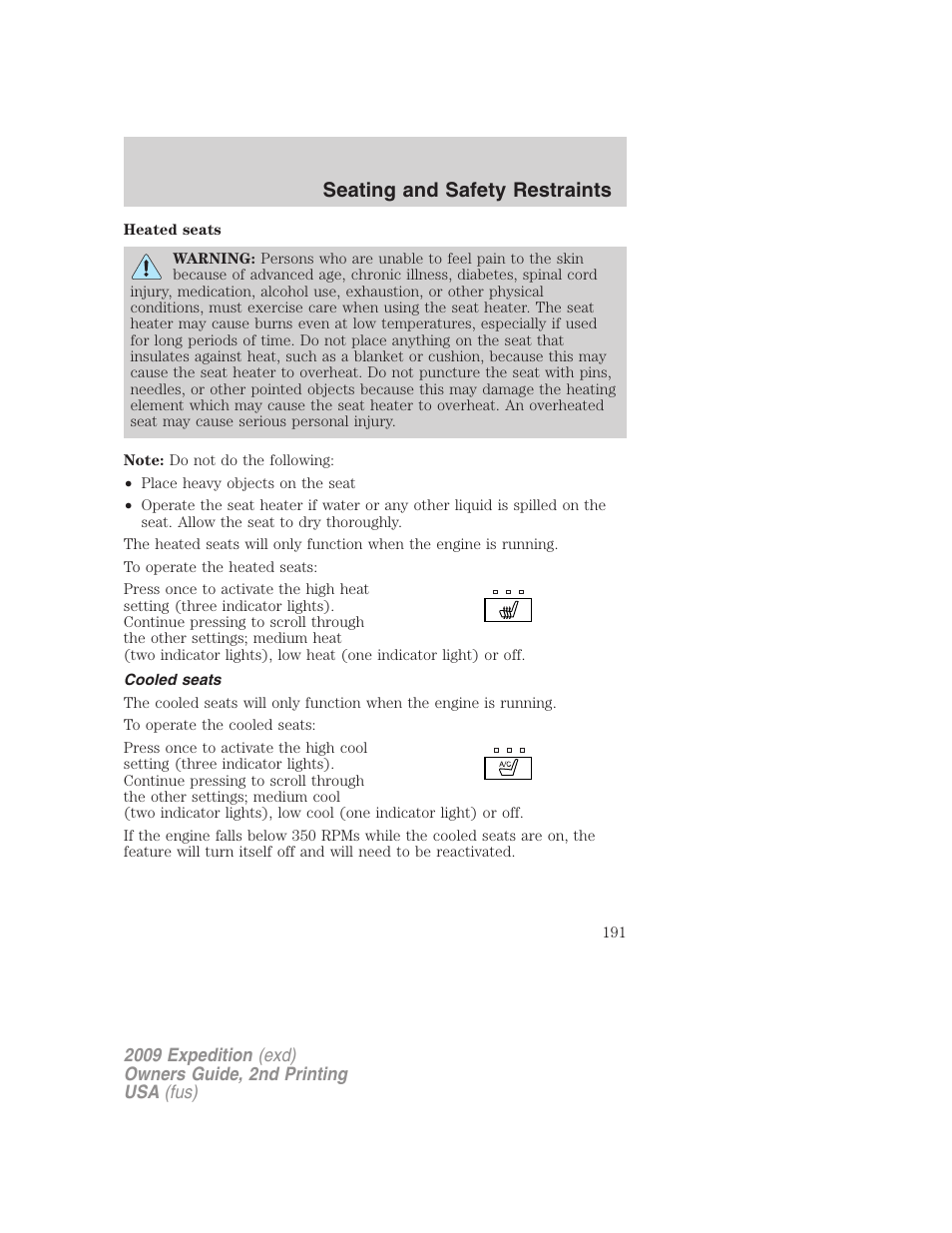Cooled seats, Seating and safety restraints | FORD 2009 Expedition v.2 User Manual | Page 191 / 415