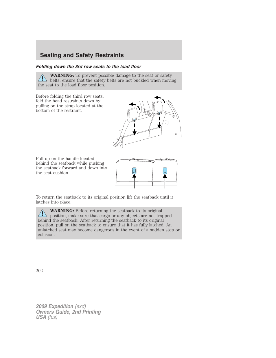 Folding down the 3rd row seats to the load floor, Seating and safety restraints | FORD 2009 Expedition v.2 User Manual | Page 202 / 415