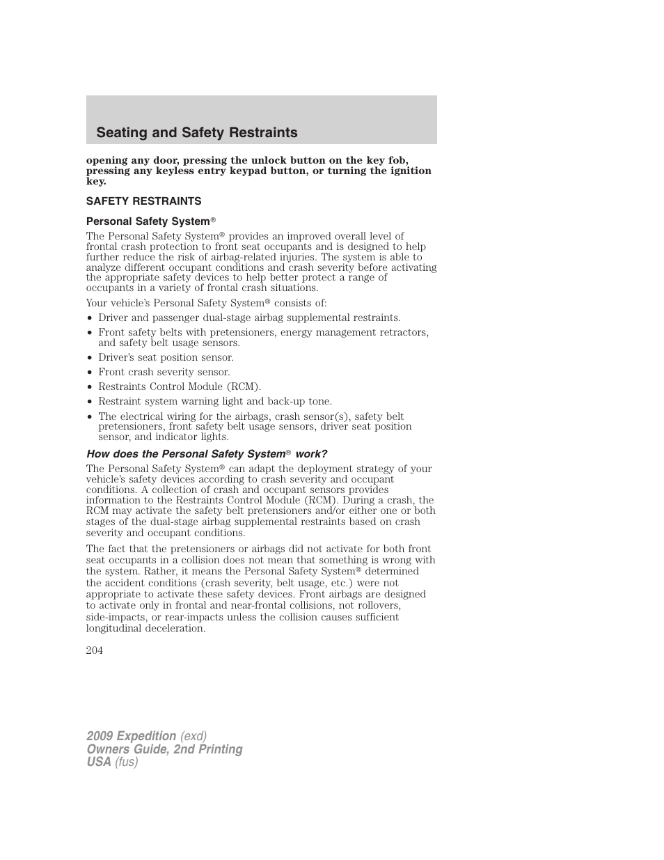 Safety restraints, Personal safety system, How does the personal safety system work | Seating and safety restraints | FORD 2009 Expedition v.2 User Manual | Page 204 / 415