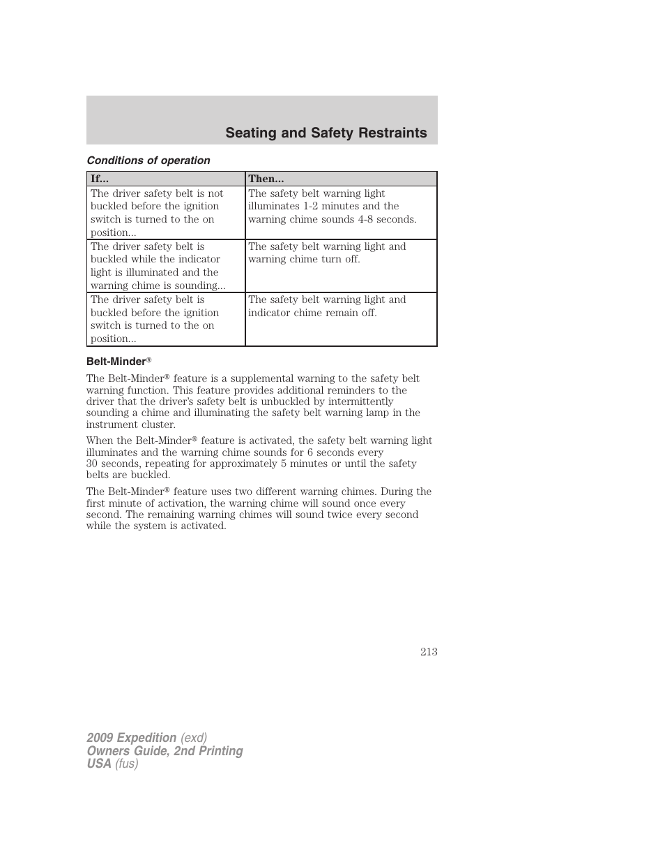 Conditions of operation, Belt-minder, Seating and safety restraints | FORD 2009 Expedition v.2 User Manual | Page 213 / 415