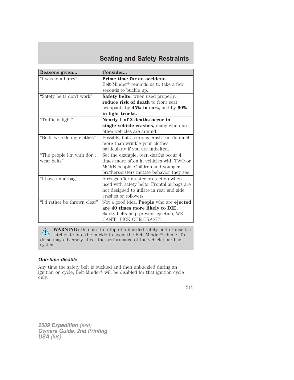 One-time disable, Seating and safety restraints | FORD 2009 Expedition v.2 User Manual | Page 215 / 415