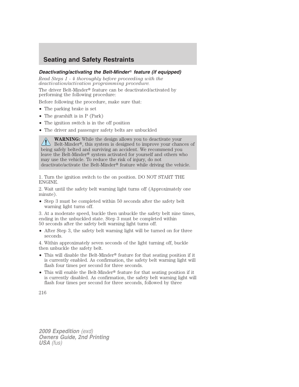 Seating and safety restraints | FORD 2009 Expedition v.2 User Manual | Page 216 / 415