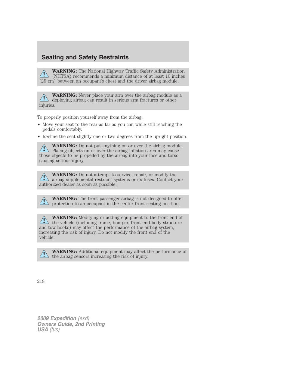 Seating and safety restraints | FORD 2009 Expedition v.2 User Manual | Page 218 / 415