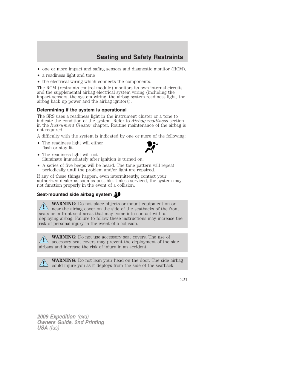 Determining if the system is operational, Seat-mounted side airbag system, Seating and safety restraints | FORD 2009 Expedition v.2 User Manual | Page 221 / 415