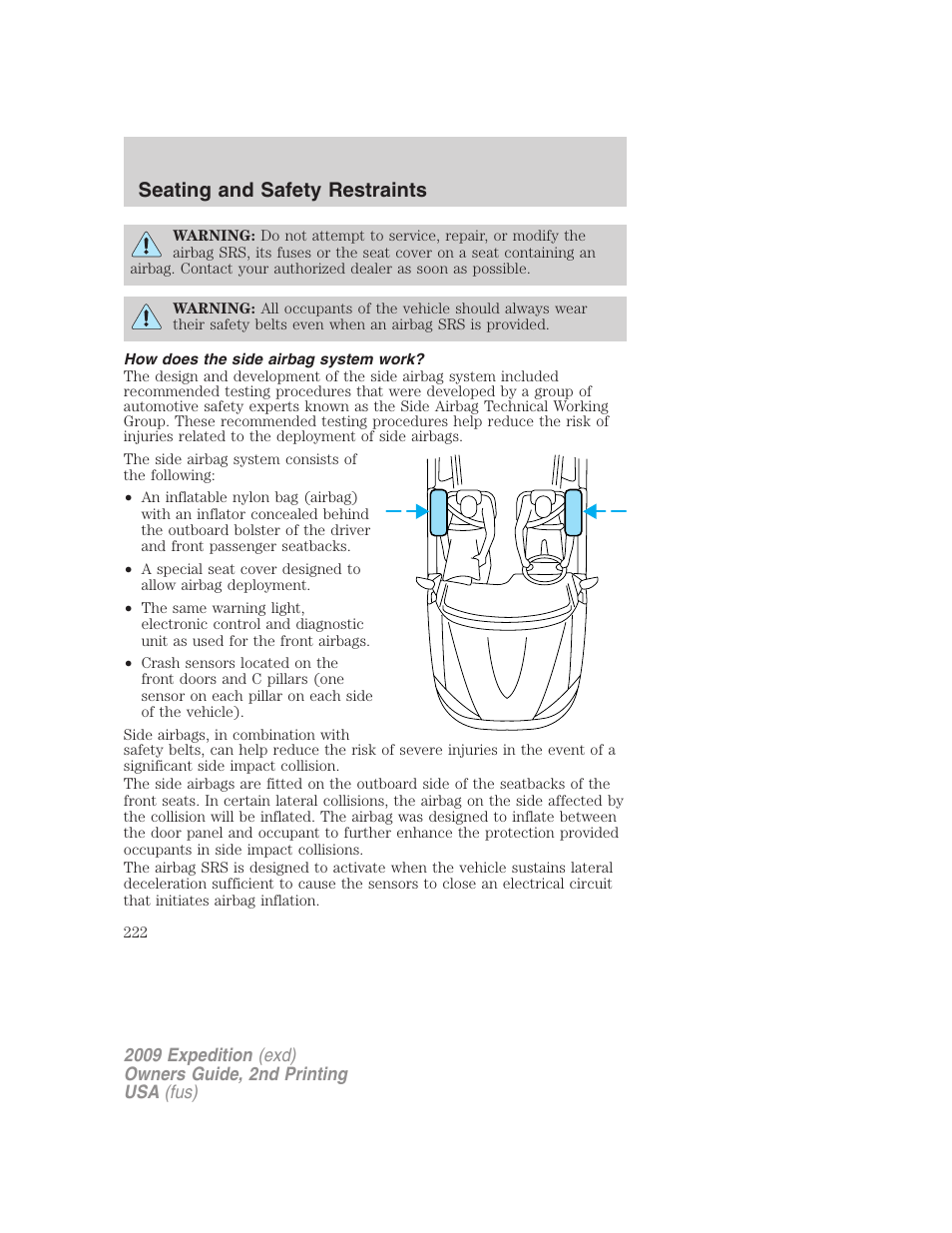 How does the side airbag system work, Seating and safety restraints | FORD 2009 Expedition v.2 User Manual | Page 222 / 415