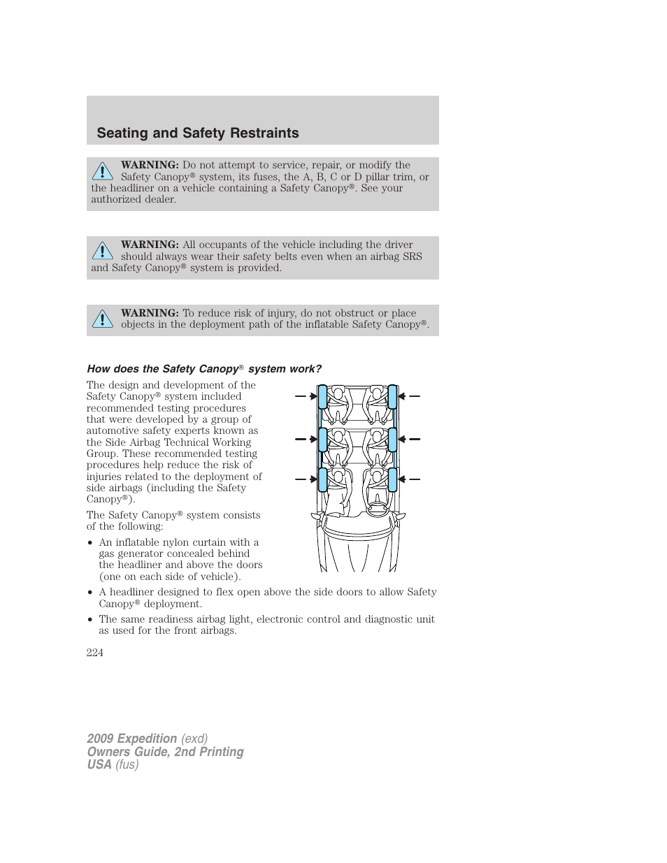 How does the safety canopy system work, Seating and safety restraints | FORD 2009 Expedition v.2 User Manual | Page 224 / 415