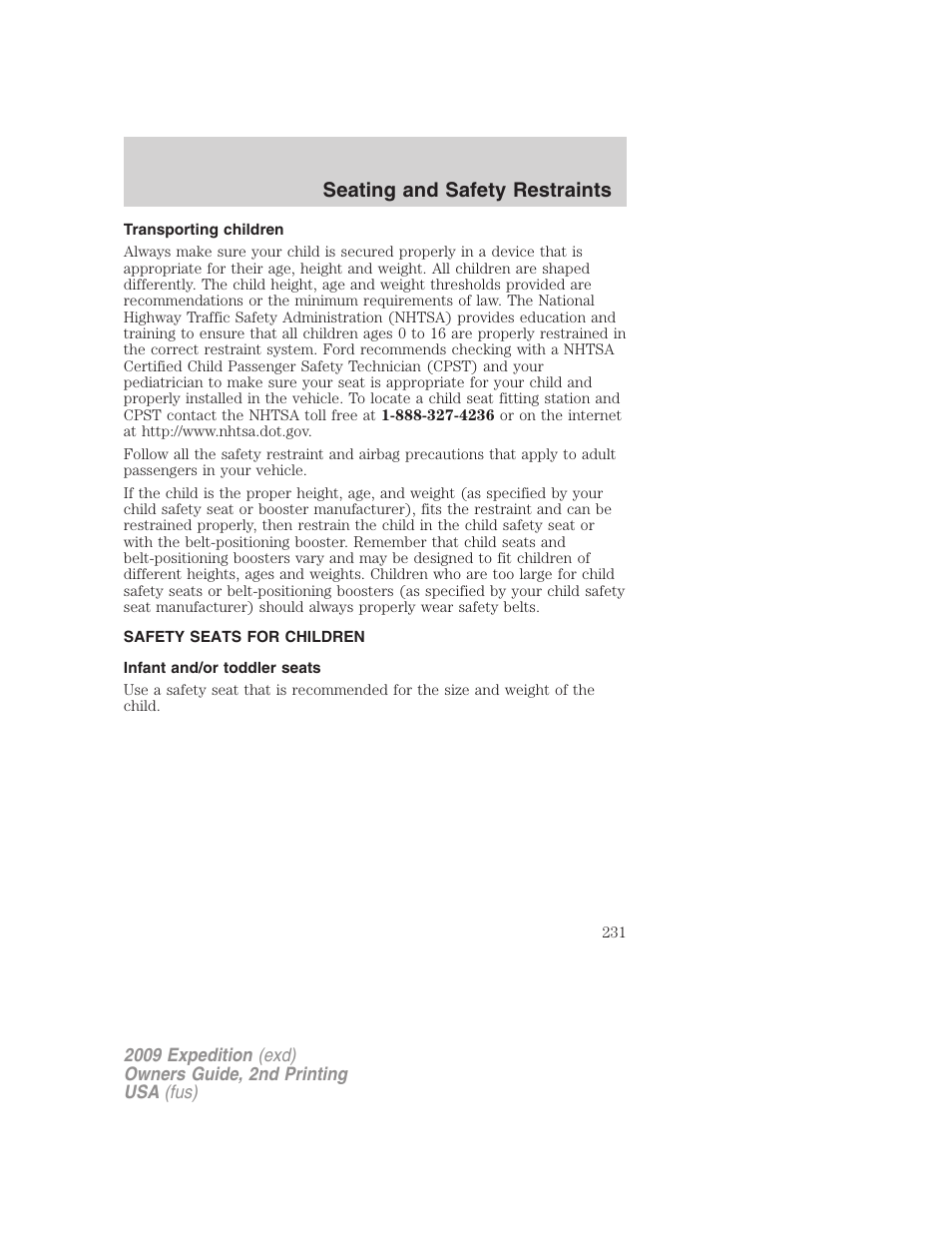 Transporting children, Safety seats for children, Infant and/or toddler seats | Seating and safety restraints | FORD 2009 Expedition v.2 User Manual | Page 231 / 415