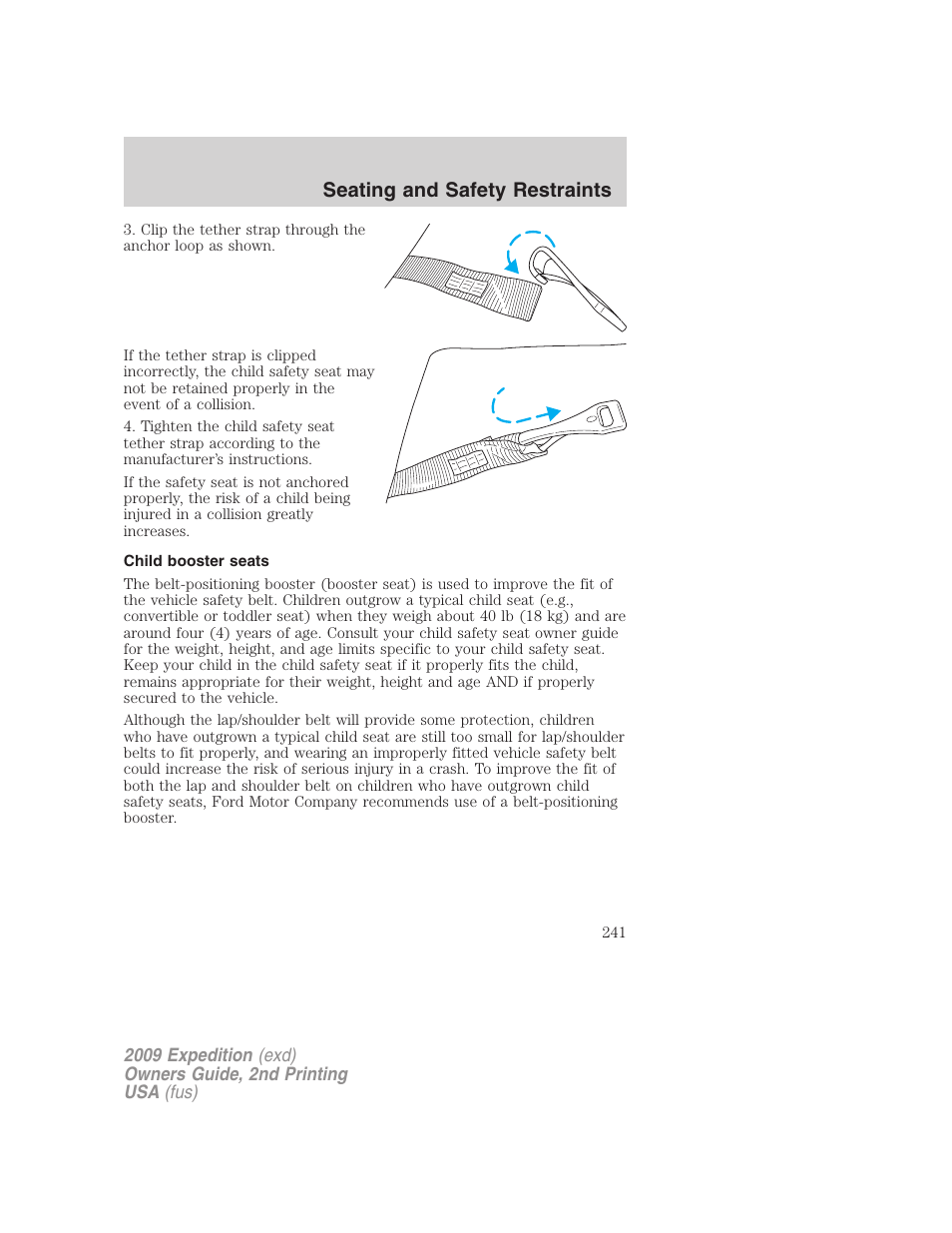 Child booster seats, Seating and safety restraints | FORD 2009 Expedition v.2 User Manual | Page 241 / 415