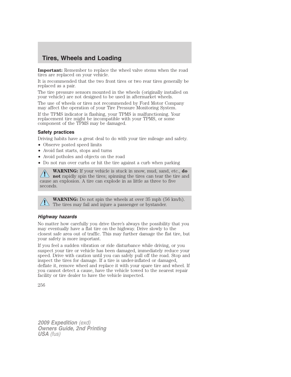Safety practices, Highway hazards, Tires, wheels and loading | FORD 2009 Expedition v.2 User Manual | Page 256 / 415