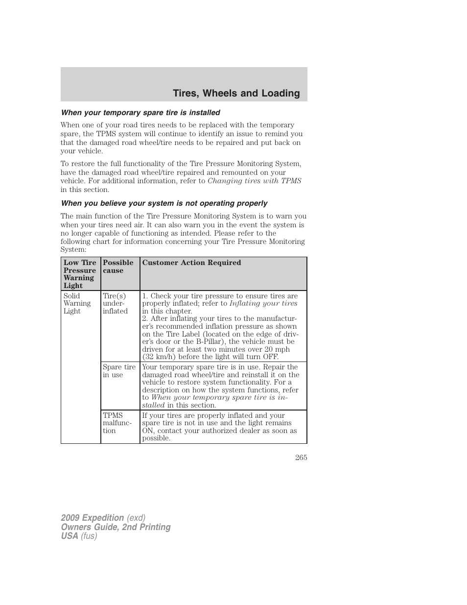 When your temporary spare tire is installed, Tires, wheels and loading | FORD 2009 Expedition v.2 User Manual | Page 265 / 415