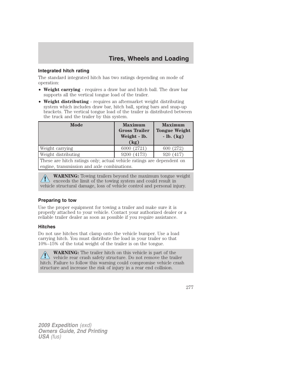 Integrated hitch rating, Preparing to tow, Hitches | Tires, wheels and loading | FORD 2009 Expedition v.2 User Manual | Page 277 / 415