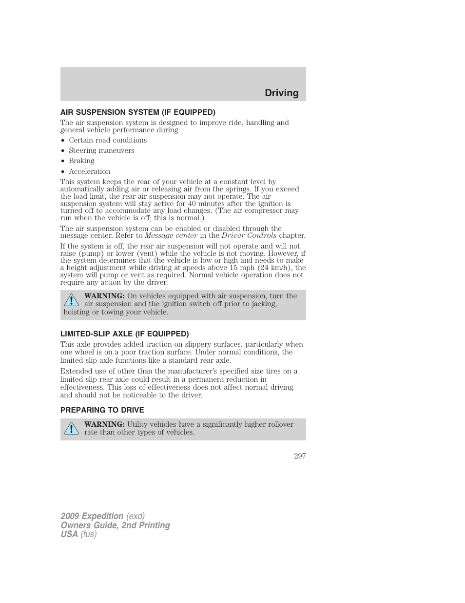 Air suspension system (if equipped), Limited-slip axle (if equipped), Preparing to drive | Air suspension, Driving | FORD 2009 Expedition v.2 User Manual | Page 297 / 415