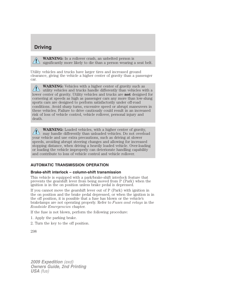 Automatic transmission operation, Brake-shift interlock – column-shift transmission, Transmission operation | Driving | FORD 2009 Expedition v.2 User Manual | Page 298 / 415