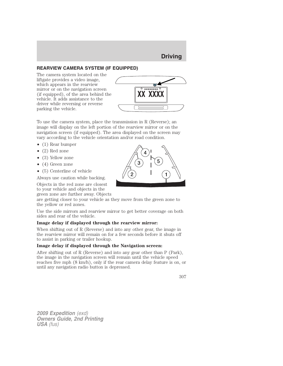 Rearview camera system (if equipped), Reverse camera, Driving | FORD 2009 Expedition v.2 User Manual | Page 307 / 415