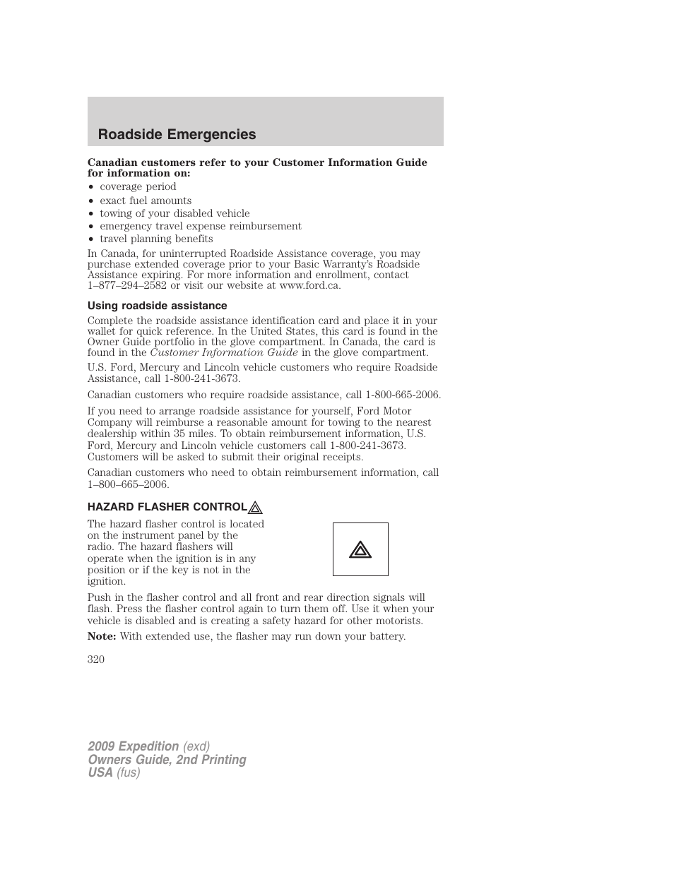 Using roadside assistance, Hazard flasher control, Roadside emergencies | FORD 2009 Expedition v.2 User Manual | Page 320 / 415