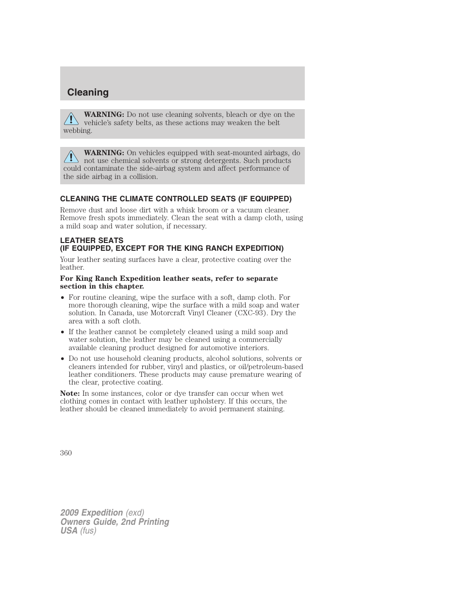 Cleaning | FORD 2009 Expedition v.2 User Manual | Page 360 / 415
