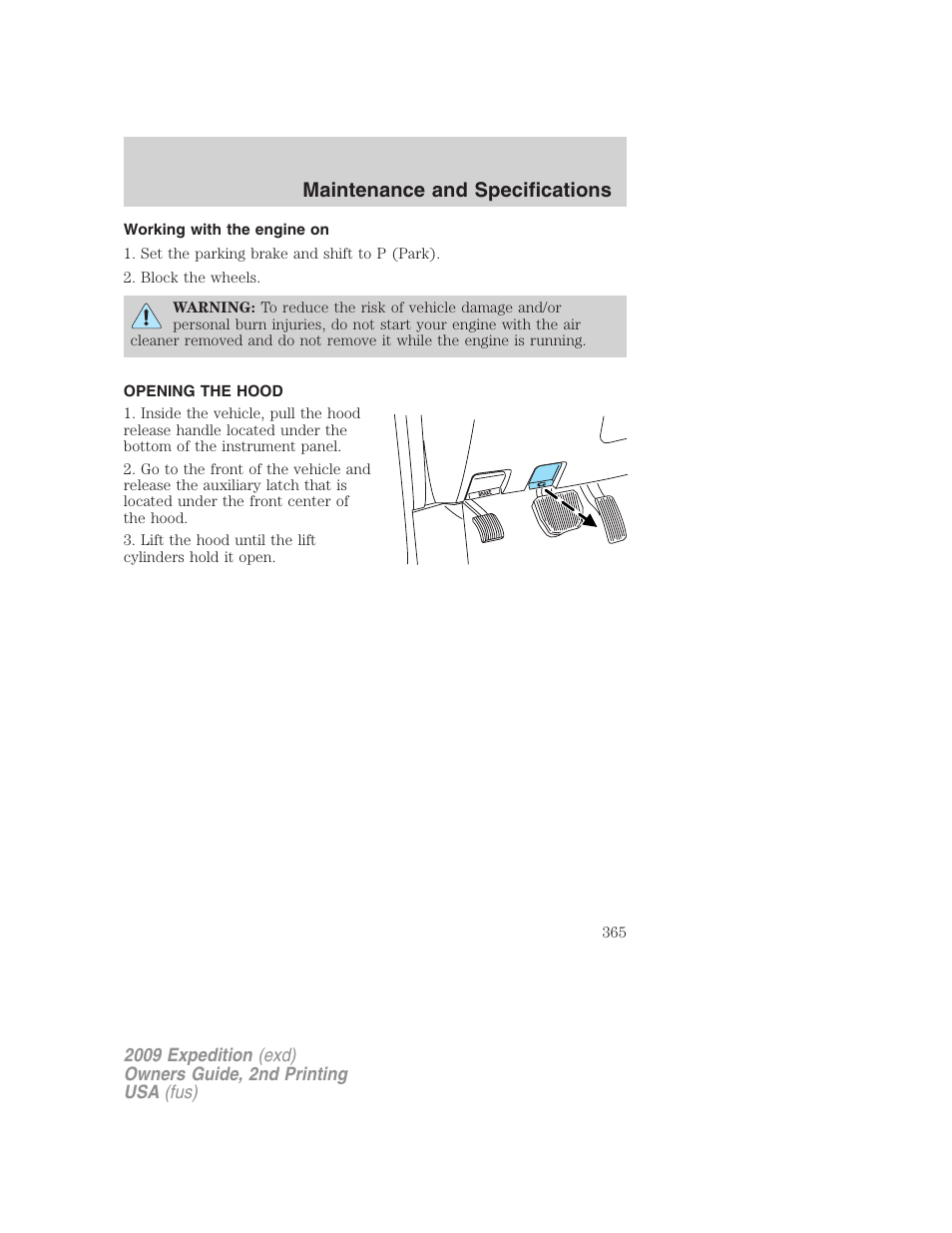 Working with the engine on, Opening the hood, Maintenance and specifications | FORD 2009 Expedition v.2 User Manual | Page 365 / 415