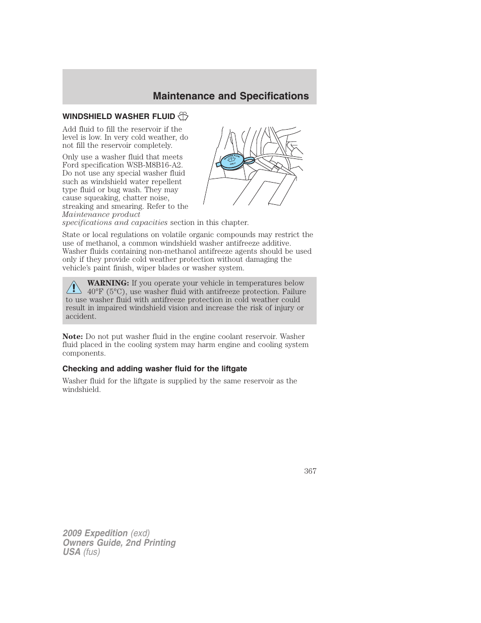 Windshield washer fluid, Checking and adding washer fluid for the liftgate, Maintenance and specifications | FORD 2009 Expedition v.2 User Manual | Page 367 / 415