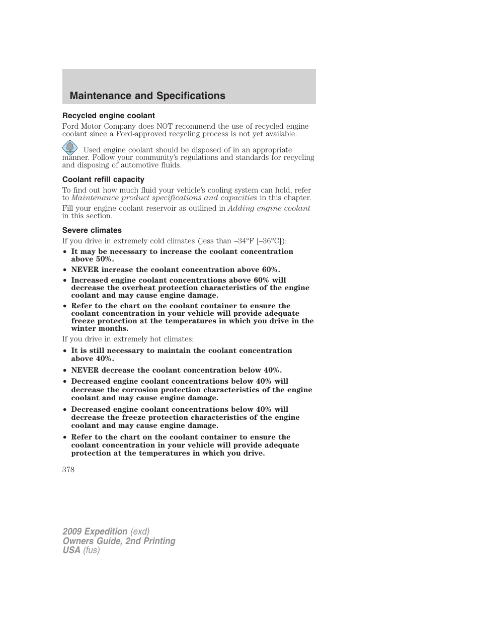 Recycled engine coolant, Coolant refill capacity, Severe climates | Maintenance and specifications | FORD 2009 Expedition v.2 User Manual | Page 378 / 415