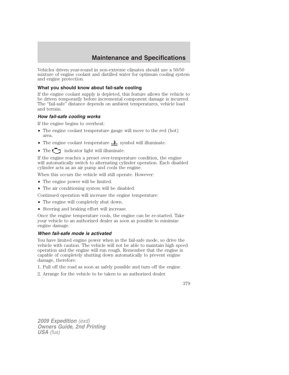 What you should know about fail-safe cooling, How fail-safe cooling works, When fail-safe mode is activated | Maintenance and specifications | FORD 2009 Expedition v.2 User Manual | Page 379 / 415