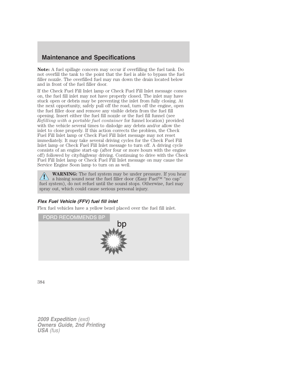 Flex fuel vehicle (ffv) fuel fill inlet, Maintenance and specifications | FORD 2009 Expedition v.2 User Manual | Page 384 / 415