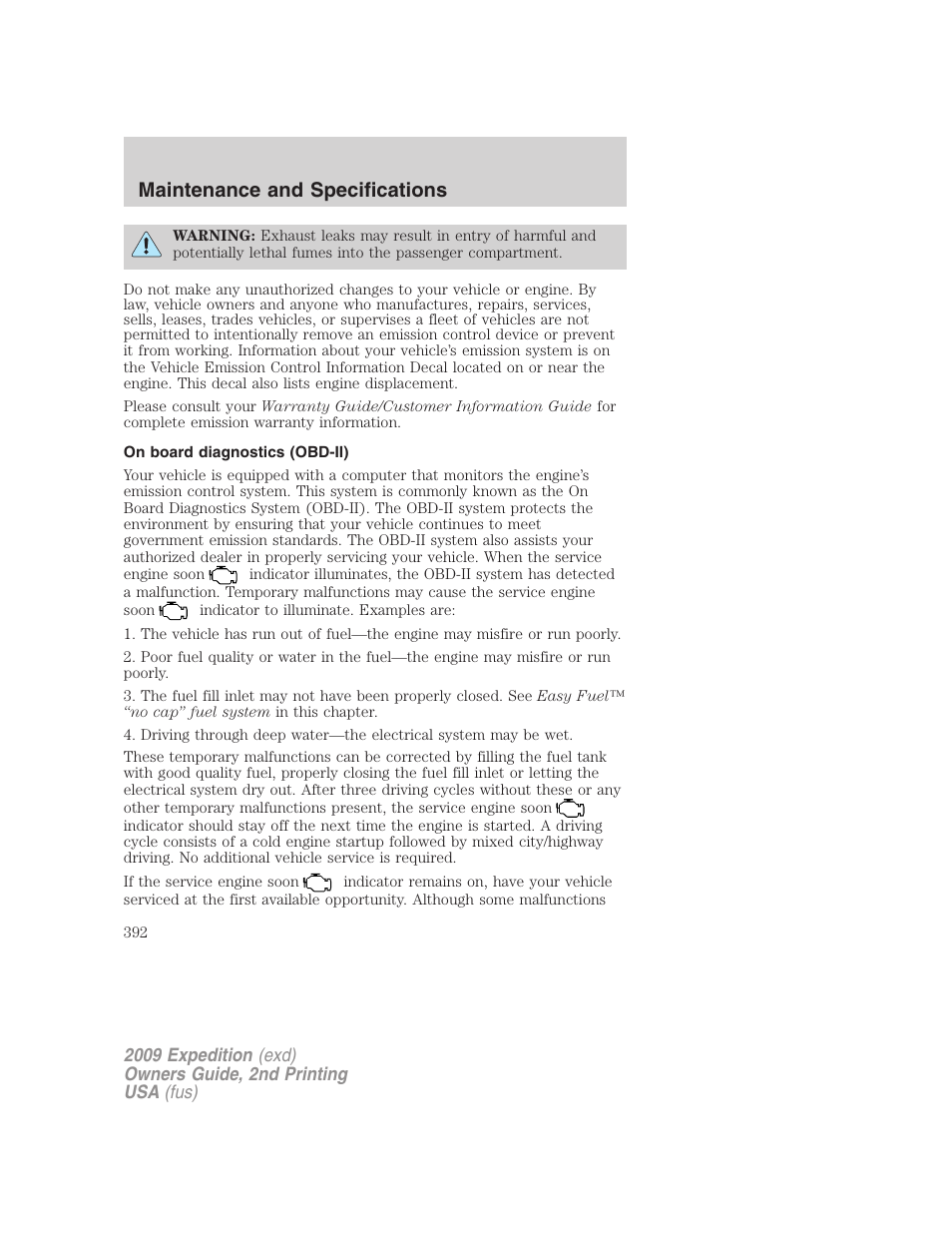 On board diagnostics (obd-ii), Maintenance and specifications | FORD 2009 Expedition v.2 User Manual | Page 392 / 415