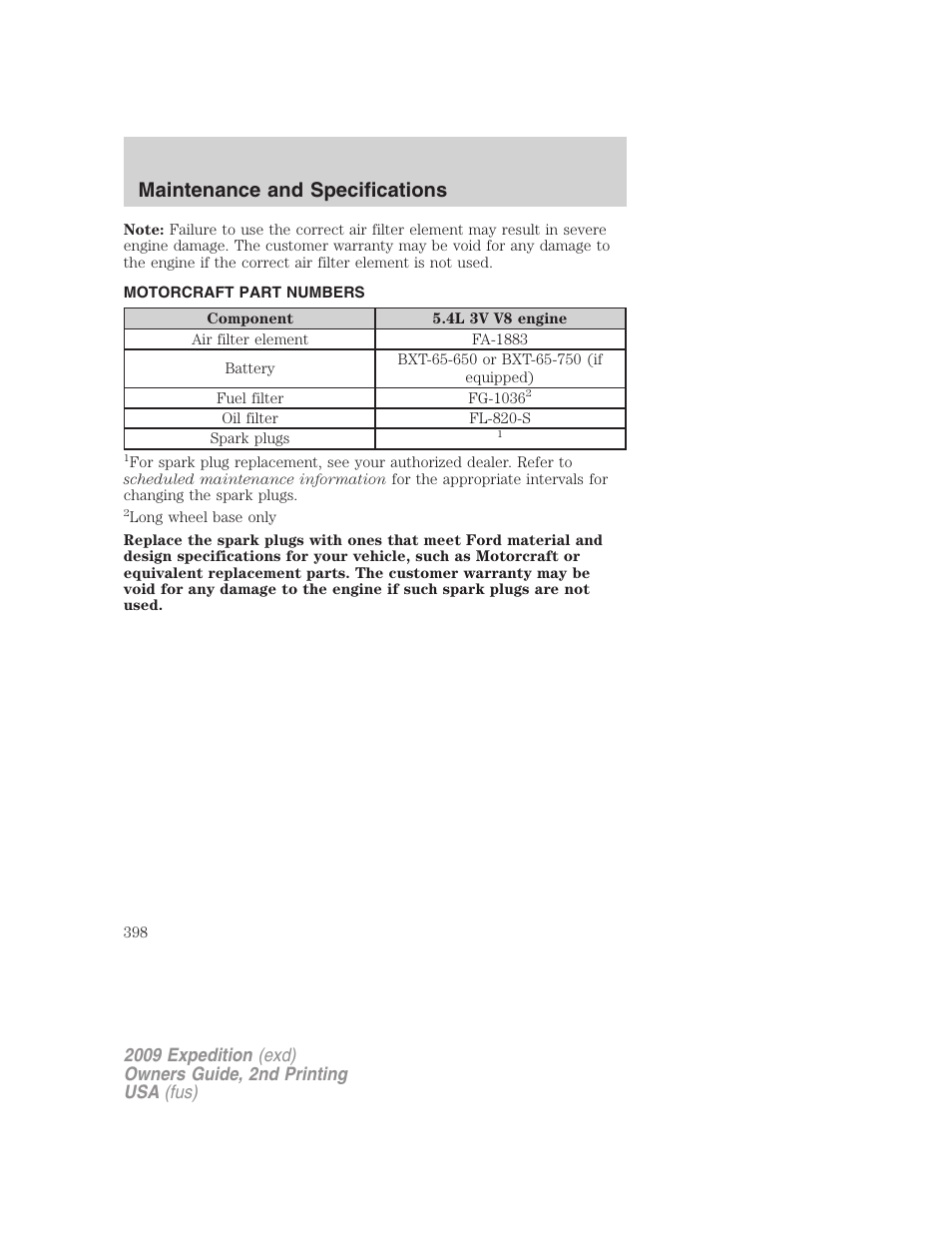 Motorcraft part numbers, Part numbers, Maintenance and specifications | FORD 2009 Expedition v.2 User Manual | Page 398 / 415