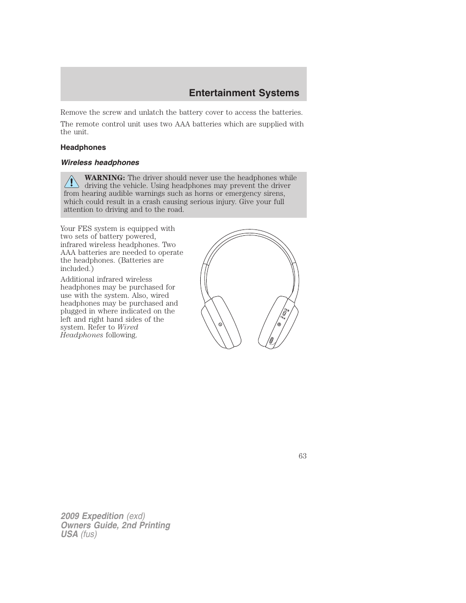 Headphones, Wireless headphones, Entertainment systems | FORD 2009 Expedition v.2 User Manual | Page 63 / 415