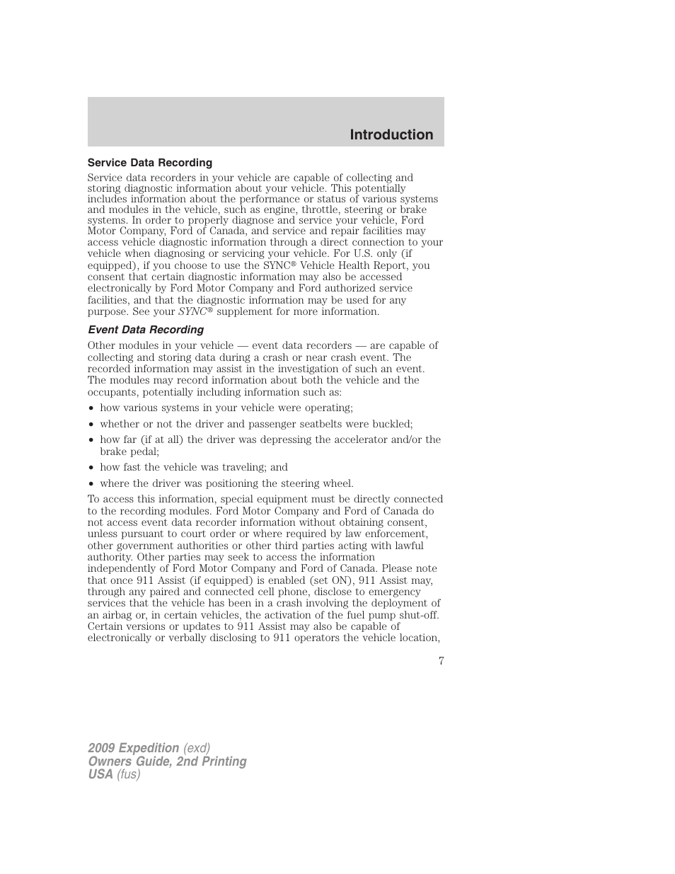 Service data recording, Event data recording, Introduction | FORD 2009 Expedition v.2 User Manual | Page 7 / 415