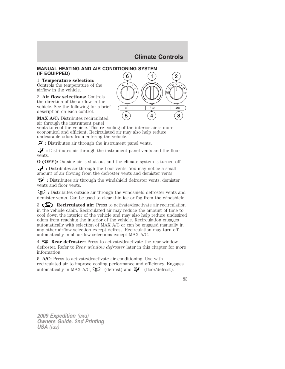 Climate controls, Manual heating and air conditioning | FORD 2009 Expedition v.2 User Manual | Page 83 / 415