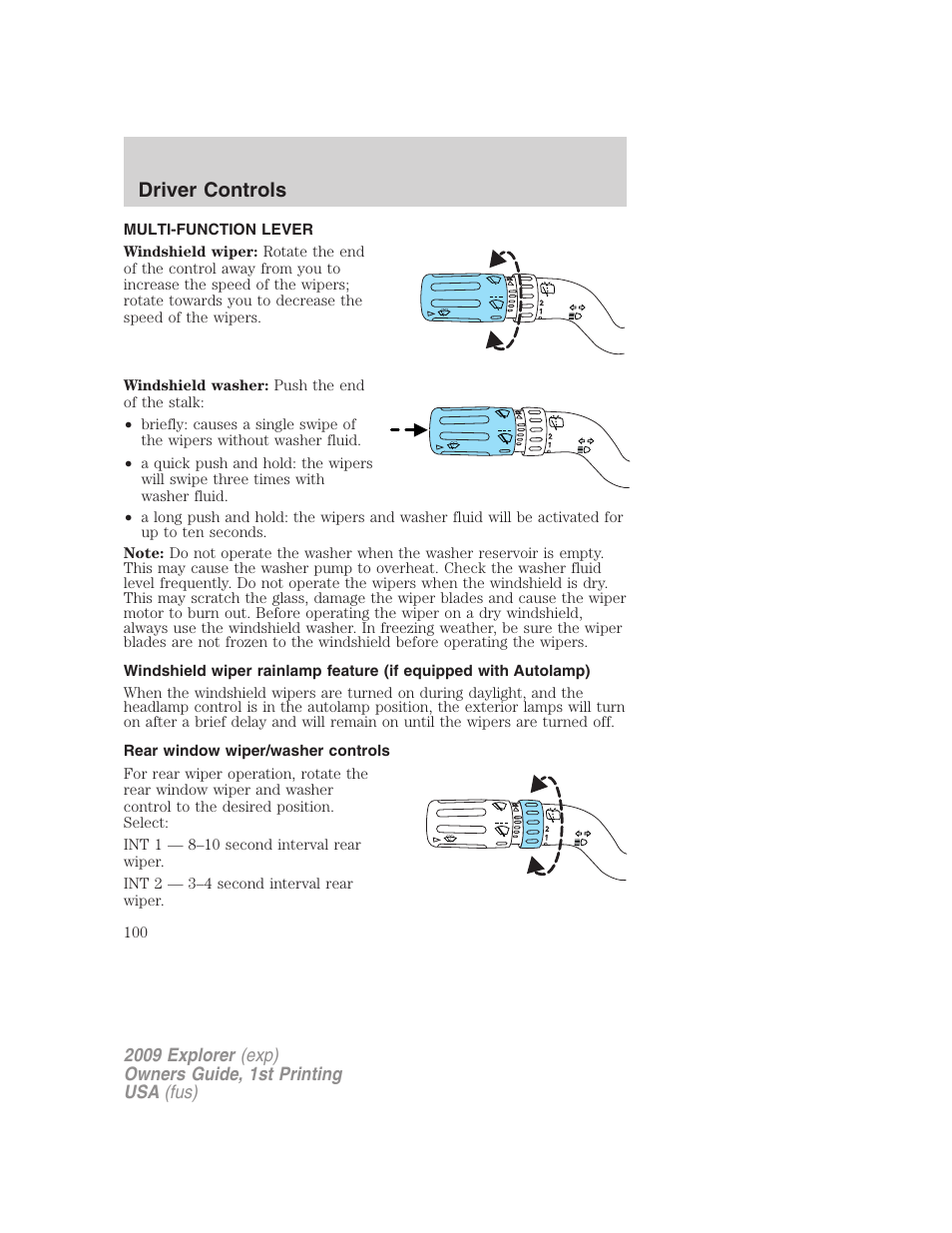 Driver controls, Multi-function lever, Rear window wiper/washer controls | Windshield wiper/washer control | FORD 2009 Explorer v.1 User Manual | Page 100 / 407