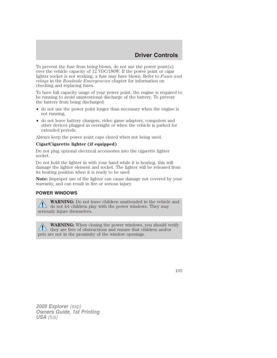 Power windows, Driver controls | FORD 2009 Explorer v.1 User Manual | Page 105 / 407