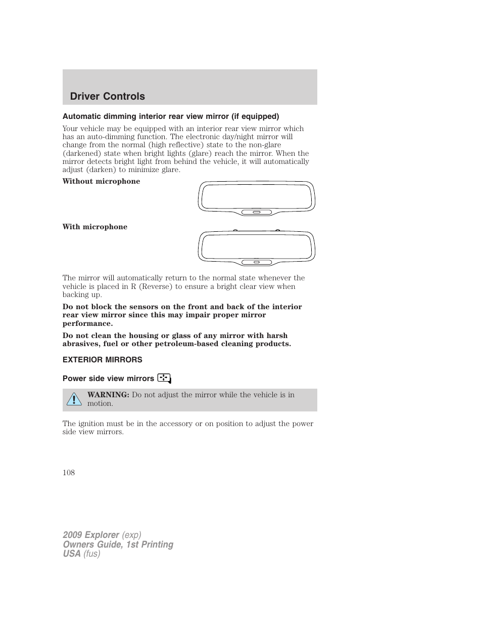 Exterior mirrors, Power side view mirrors, Driver controls | FORD 2009 Explorer v.1 User Manual | Page 108 / 407
