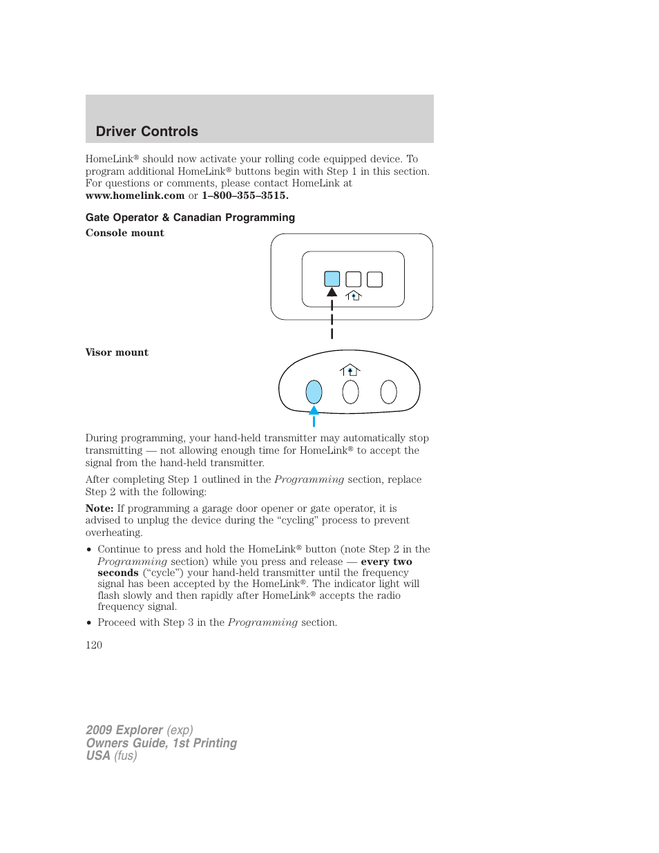 Gate operator & canadian programming, Driver controls | FORD 2009 Explorer v.1 User Manual | Page 120 / 407