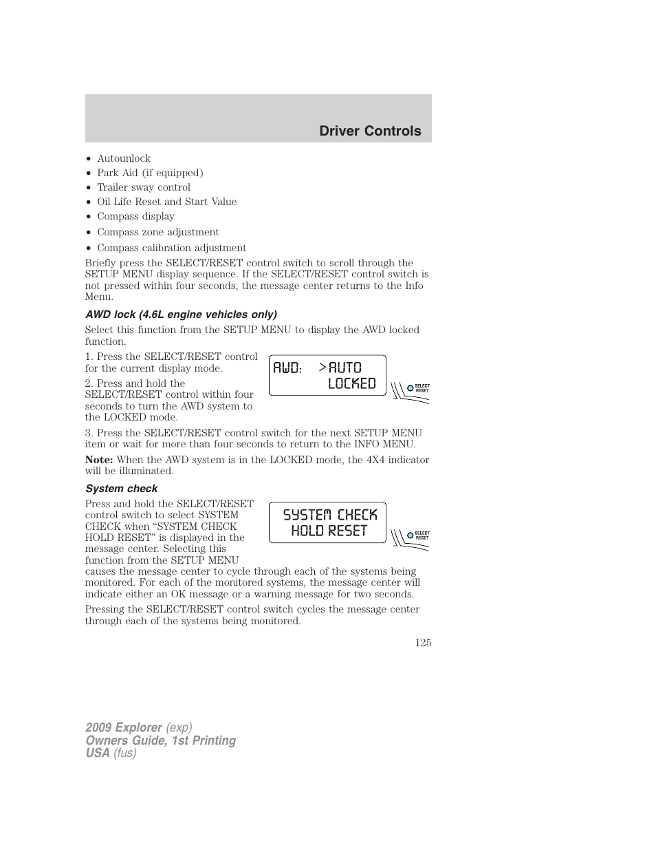 Awd lock (4.6l engine vehicles only), System check, Driver controls | FORD 2009 Explorer v.1 User Manual | Page 125 / 407