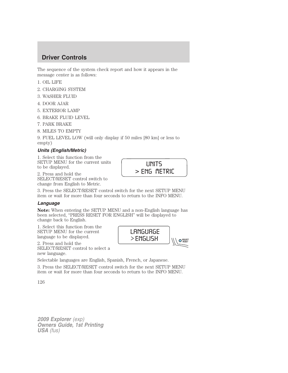 Units (english/metric), Language, Driver controls | FORD 2009 Explorer v.1 User Manual | Page 126 / 407
