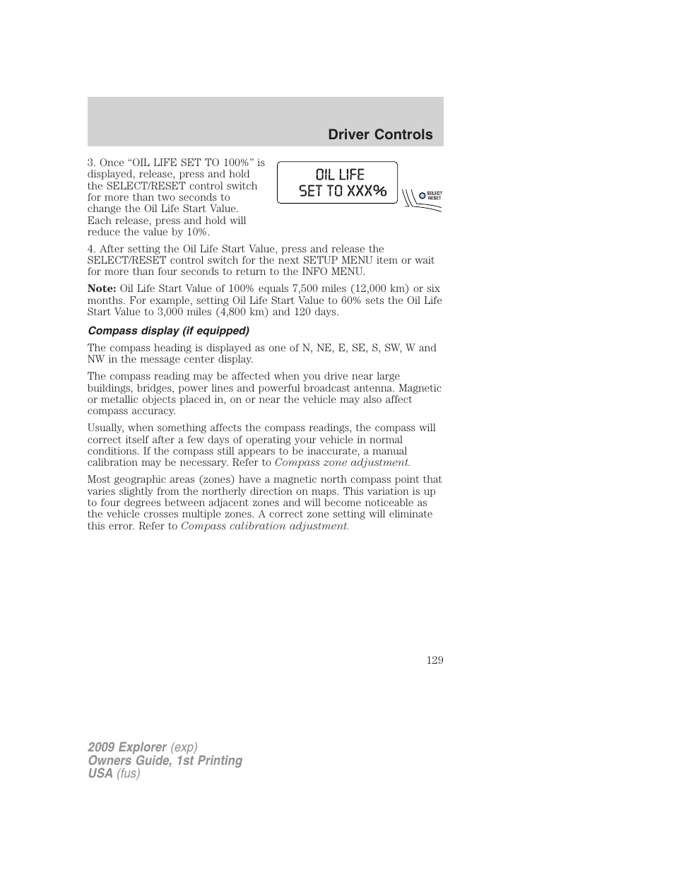 Compass display (if equipped), Driver controls | FORD 2009 Explorer v.1 User Manual | Page 129 / 407