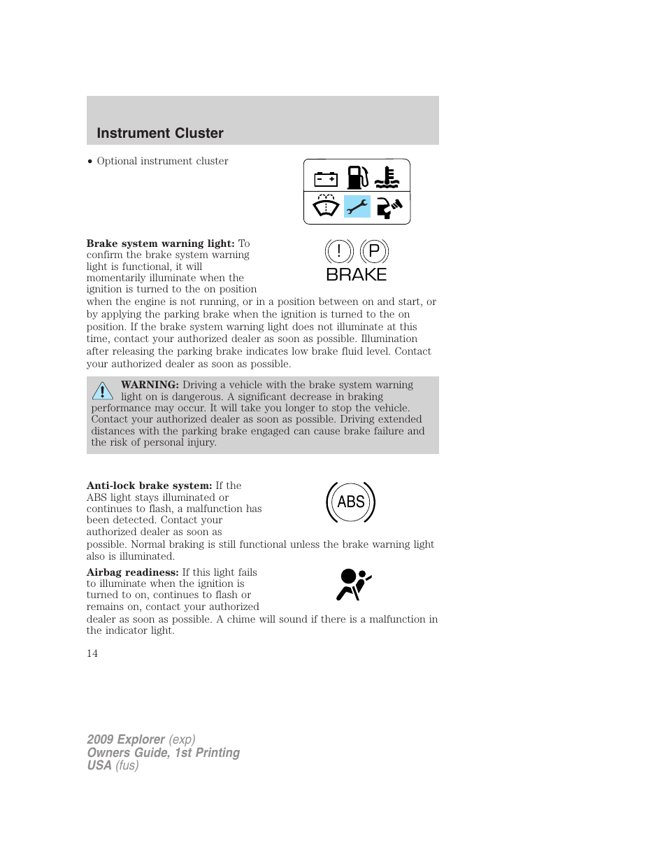 P! brake abs | FORD 2009 Explorer v.1 User Manual | Page 14 / 407