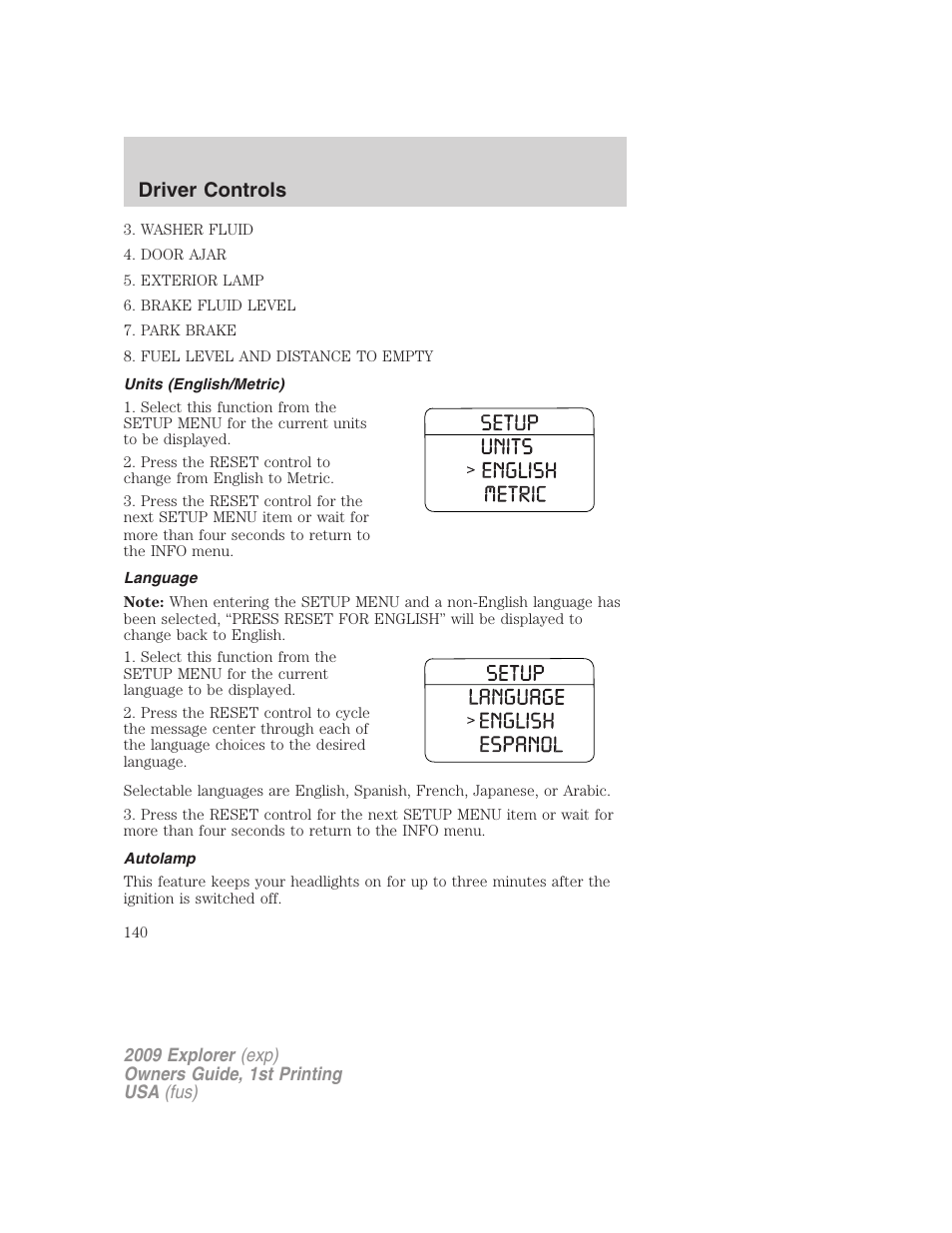 Units (english/metric), Language, Autolamp | Driver controls | FORD 2009 Explorer v.1 User Manual | Page 140 / 407