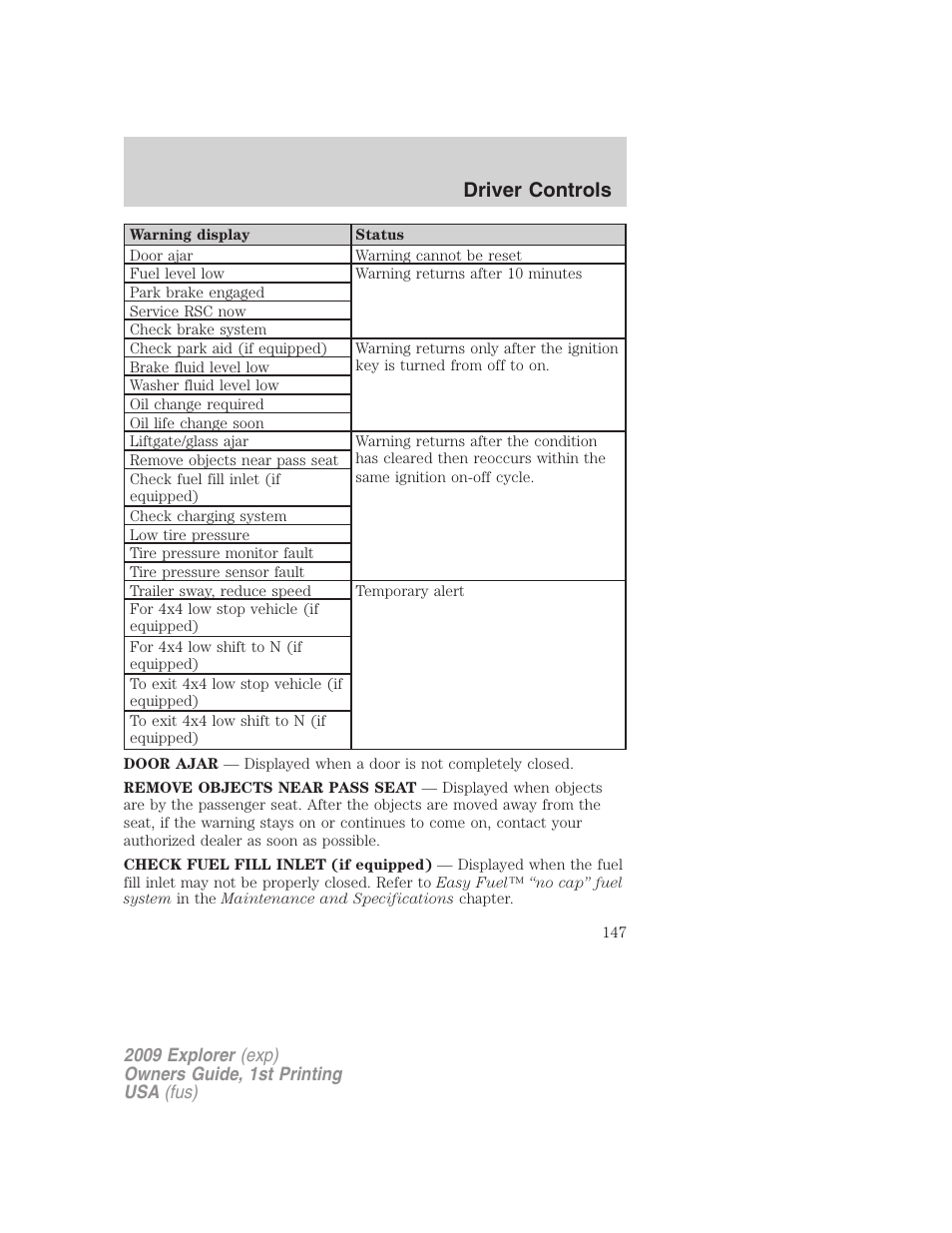 Driver controls | FORD 2009 Explorer v.1 User Manual | Page 147 / 407