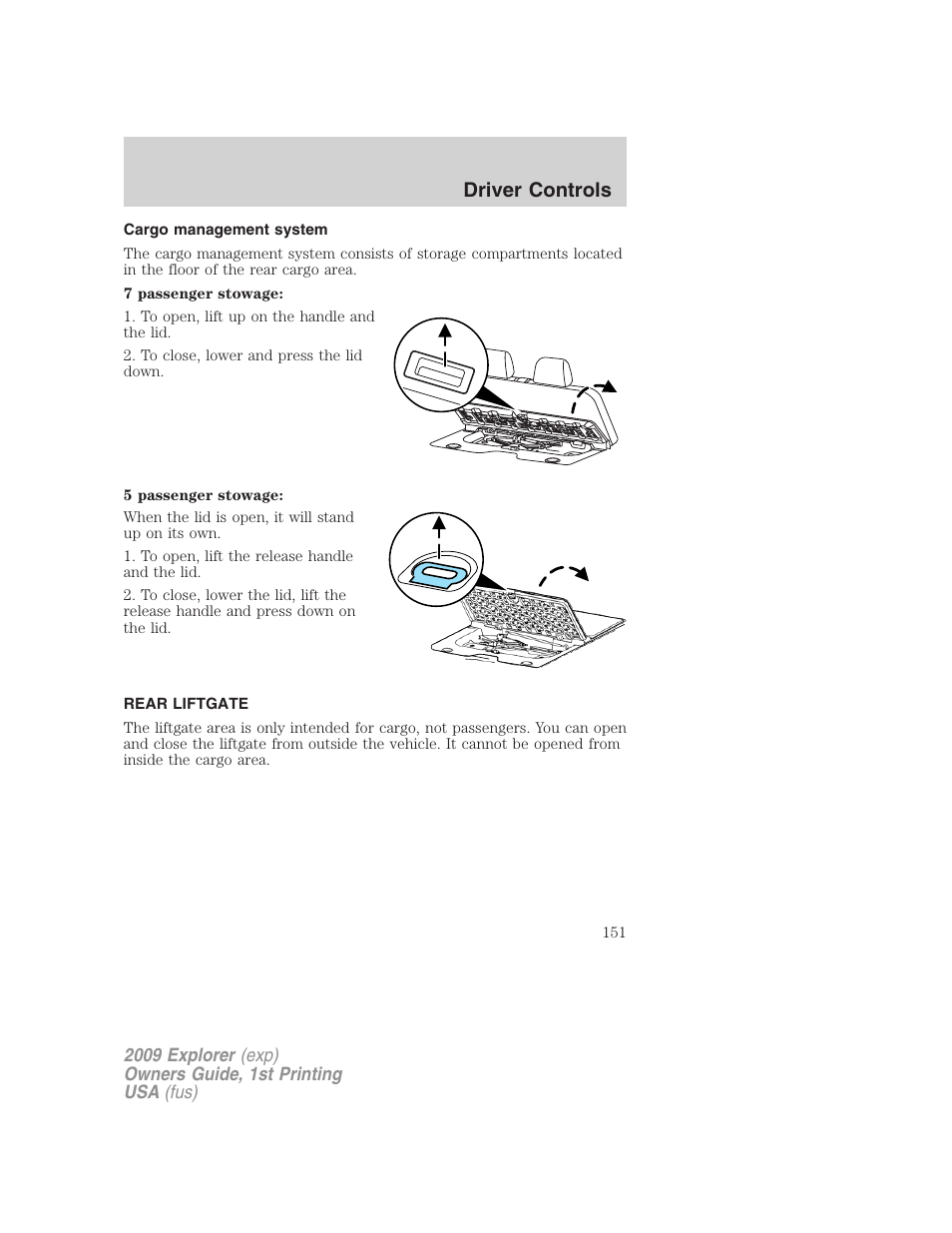 Cargo management system, Rear liftgate, Driver controls | FORD 2009 Explorer v.1 User Manual | Page 151 / 407