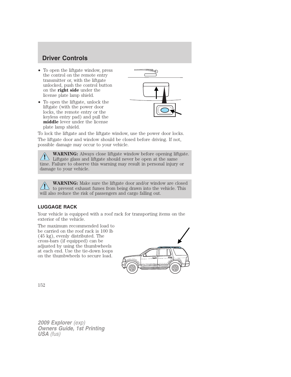 Luggage rack, Driver controls | FORD 2009 Explorer v.1 User Manual | Page 152 / 407