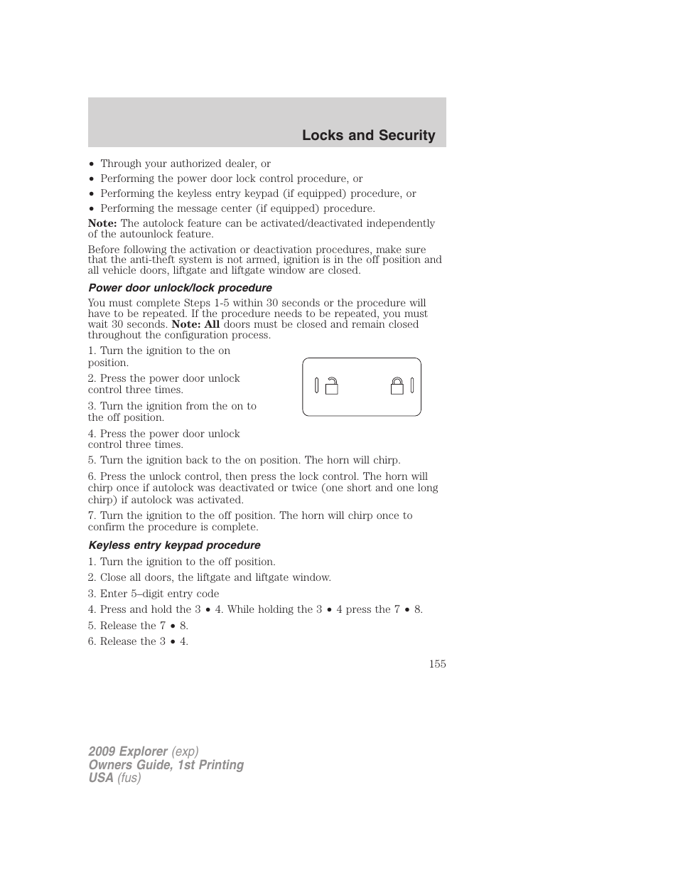 Power door unlock/lock procedure, Keyless entry keypad procedure, Locks and security | FORD 2009 Explorer v.1 User Manual | Page 155 / 407