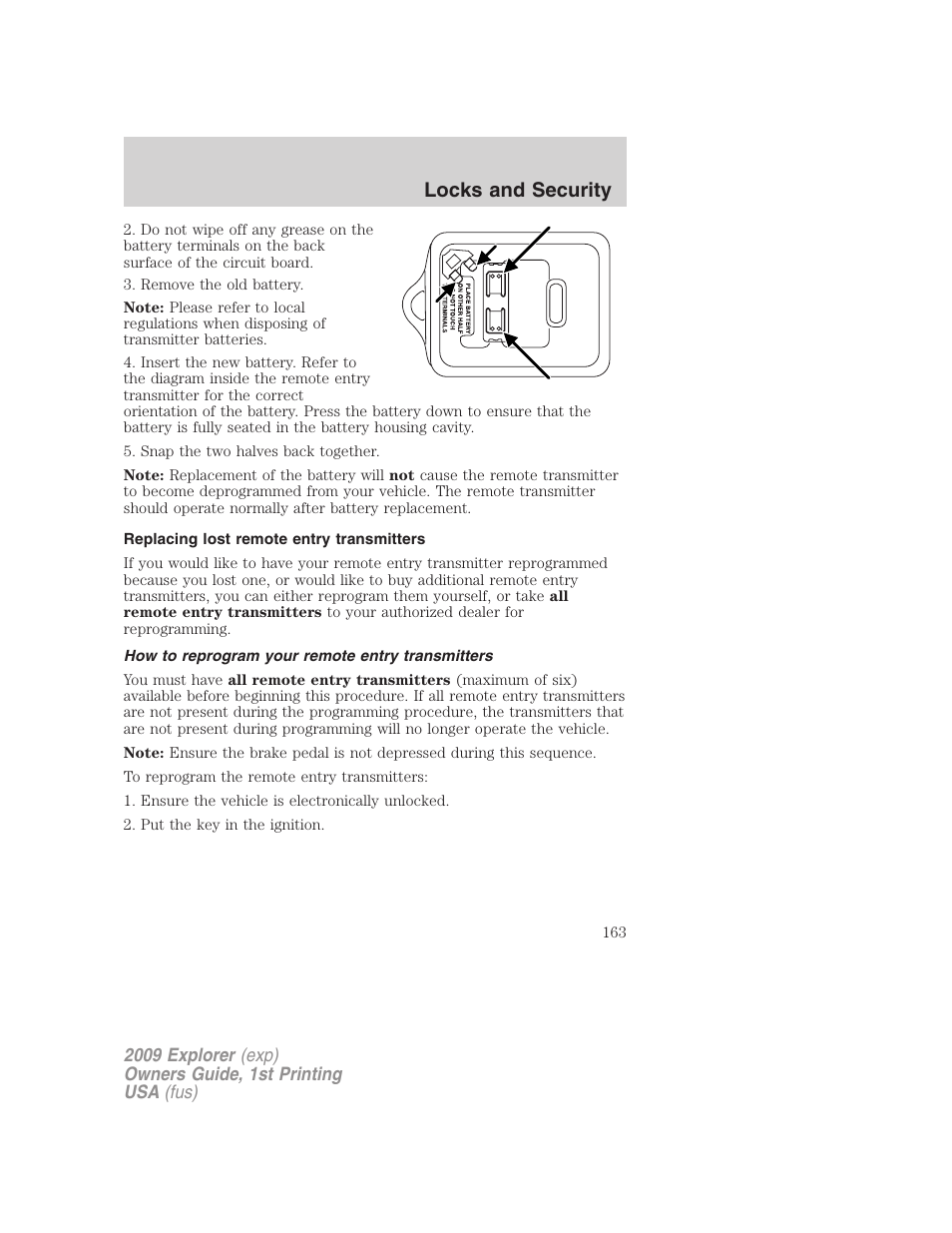 Replacing lost remote entry transmitters, How to reprogram your remote entry transmitters, Locks and security | FORD 2009 Explorer v.1 User Manual | Page 163 / 407
