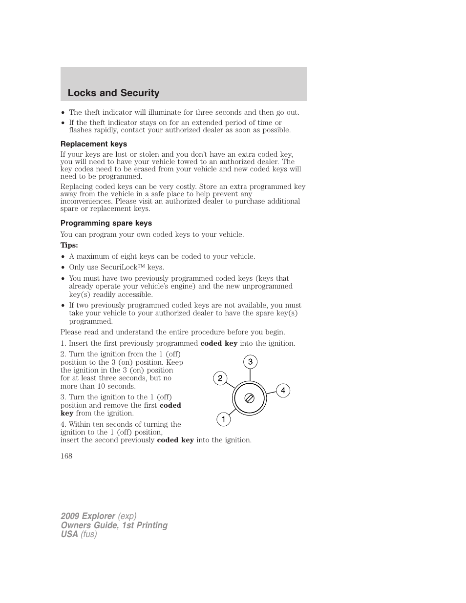 Replacement keys, Programming spare keys, Locks and security | FORD 2009 Explorer v.1 User Manual | Page 168 / 407