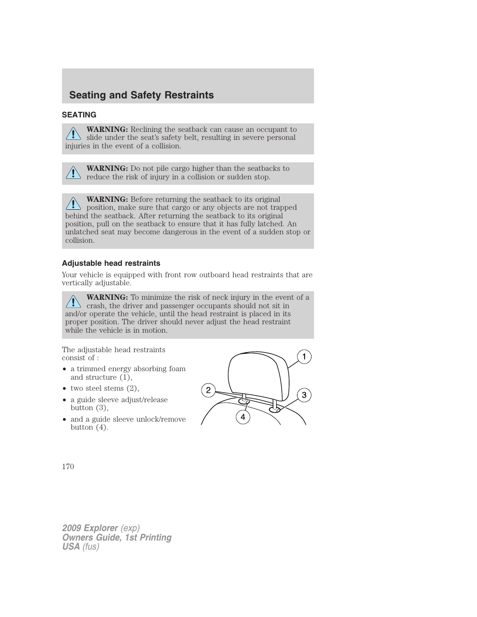 Seating and safety restraints, Seating, Adjustable head restraints | FORD 2009 Explorer v.1 User Manual | Page 170 / 407