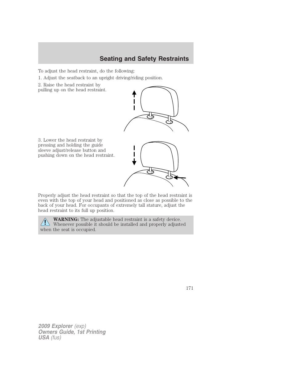Seating and safety restraints | FORD 2009 Explorer v.1 User Manual | Page 171 / 407