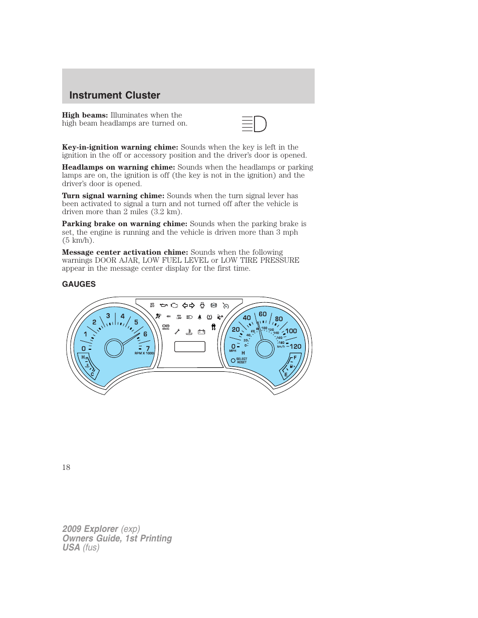 Gauges, Instrument cluster | FORD 2009 Explorer v.1 User Manual | Page 18 / 407