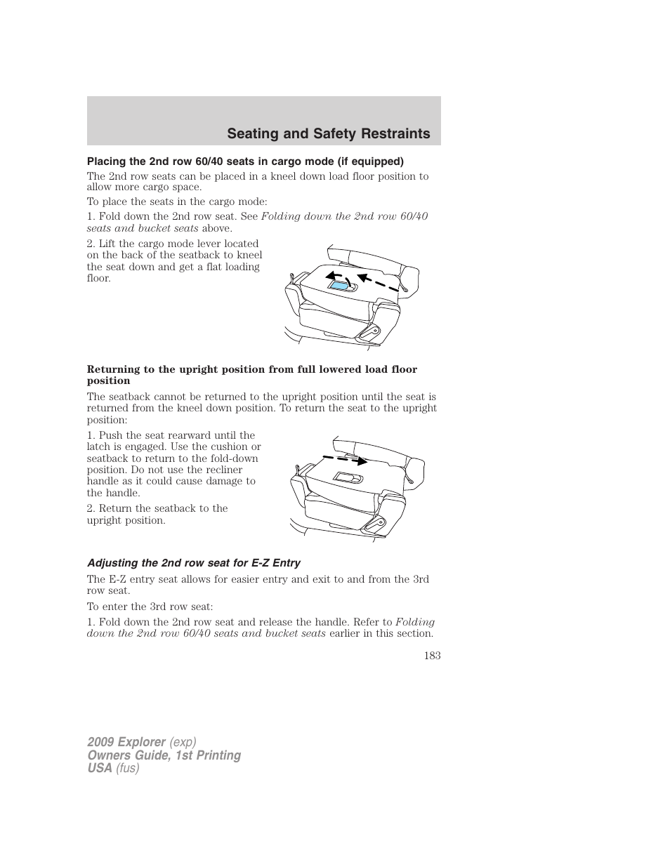 Adjusting the 2nd row seat for e-z entry, Seating and safety restraints | FORD 2009 Explorer v.1 User Manual | Page 183 / 407