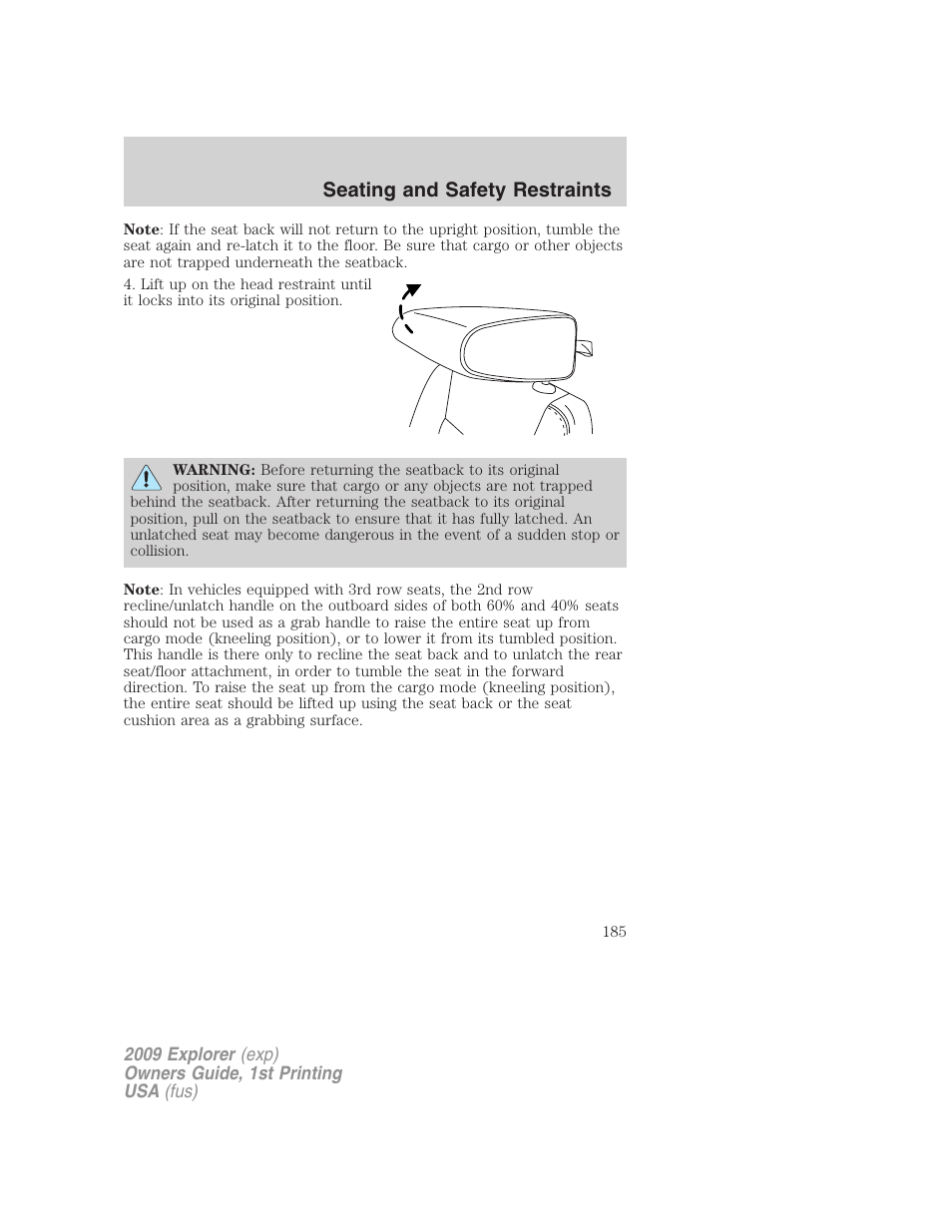 Seating and safety restraints | FORD 2009 Explorer v.1 User Manual | Page 185 / 407